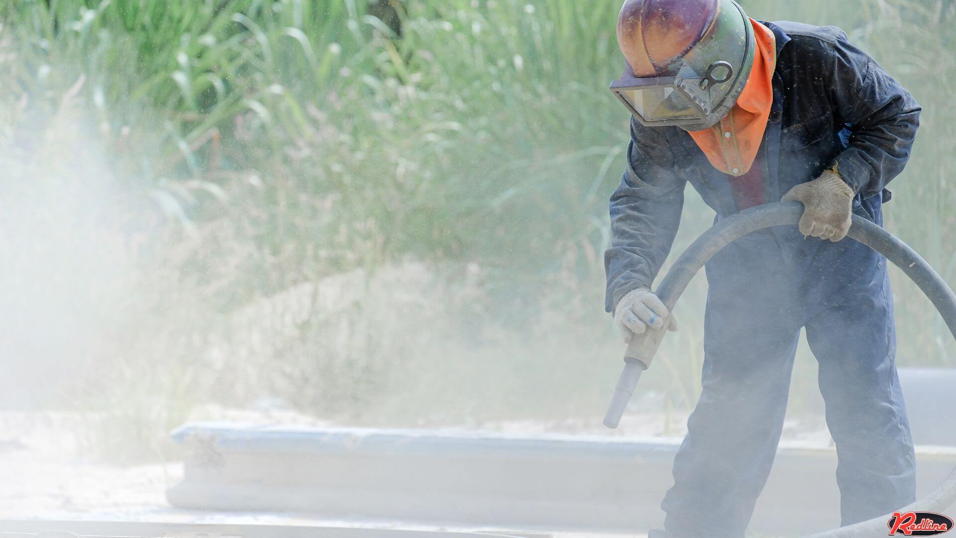 A worker sand blasting