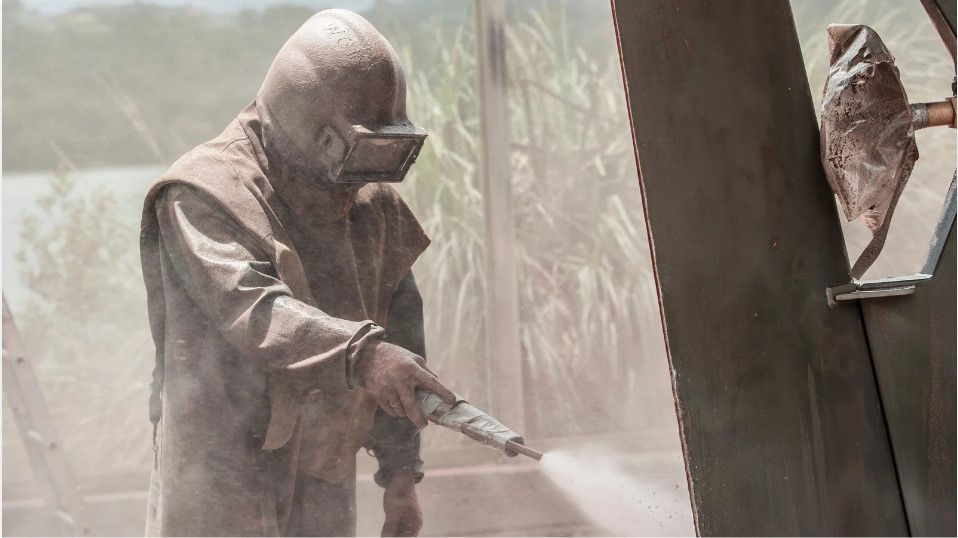 worker holding sandblaster nozzle at a consistent distance from the surface