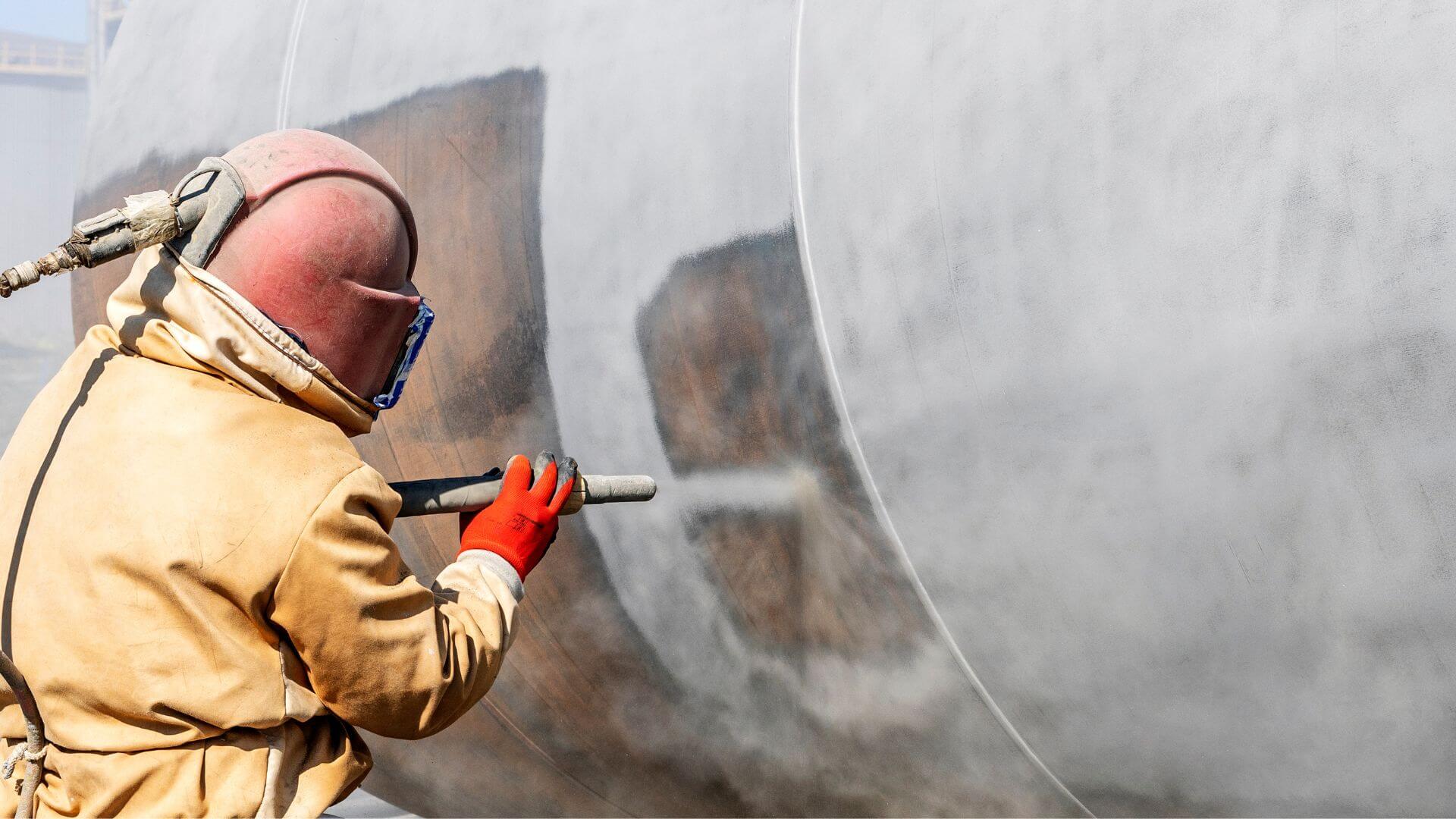 worker wearing protective gear while sandblasting